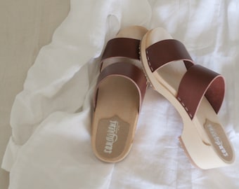 Cognac Red Clog Sandals for Women / High Heel Slip In Sandals / Sandgrens / Vegetable Tanned Leather / Swedish / Stockholm