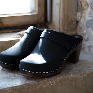 Clog Mules, Women Clogs, Wooden Clogs, High Heel Mules, Handmade, Sandgrens, Black Nubuck Leather, Maya