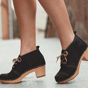 Womens Booties, Wooden Boots, Platform Shoes, Women Mule Clogs, Handmade, Sandgrens, Black Nubuck  Leather, Chukka Cap Toe