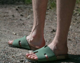 Cork Sandals, Women Slide, Summer Sandals, Handmade, Original footbed, Sandgrens, Jade Green Nubuck Leather, Avila