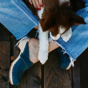 Clog Mules, Women Clogs, Wooden Clogs, Low Heel, Handmade, Sandgrens, Navy Blue Nubuck Leather, Tokyo