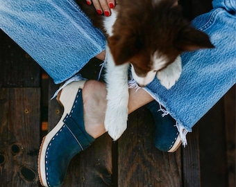 Clog Mules, Women Clogs, Wooden Clogs, Low Heel, Handmade, Sandgrens, Navy Blue Nubuck Leather, Tokyo