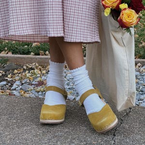 Wooden Sandals, Women Slide, Closed Toe Heel, Leather Clogs, Handmade, Sandgrens, Royal Yellow Nubuck Leather, Victoria