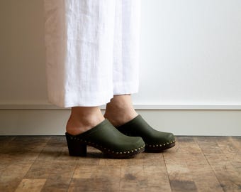 Clog Mules, Women Clogs, Wooden Clogs, High Heel Mules, Handmade, Sandgrens, Olive Green Nubuck Leather, Rome
