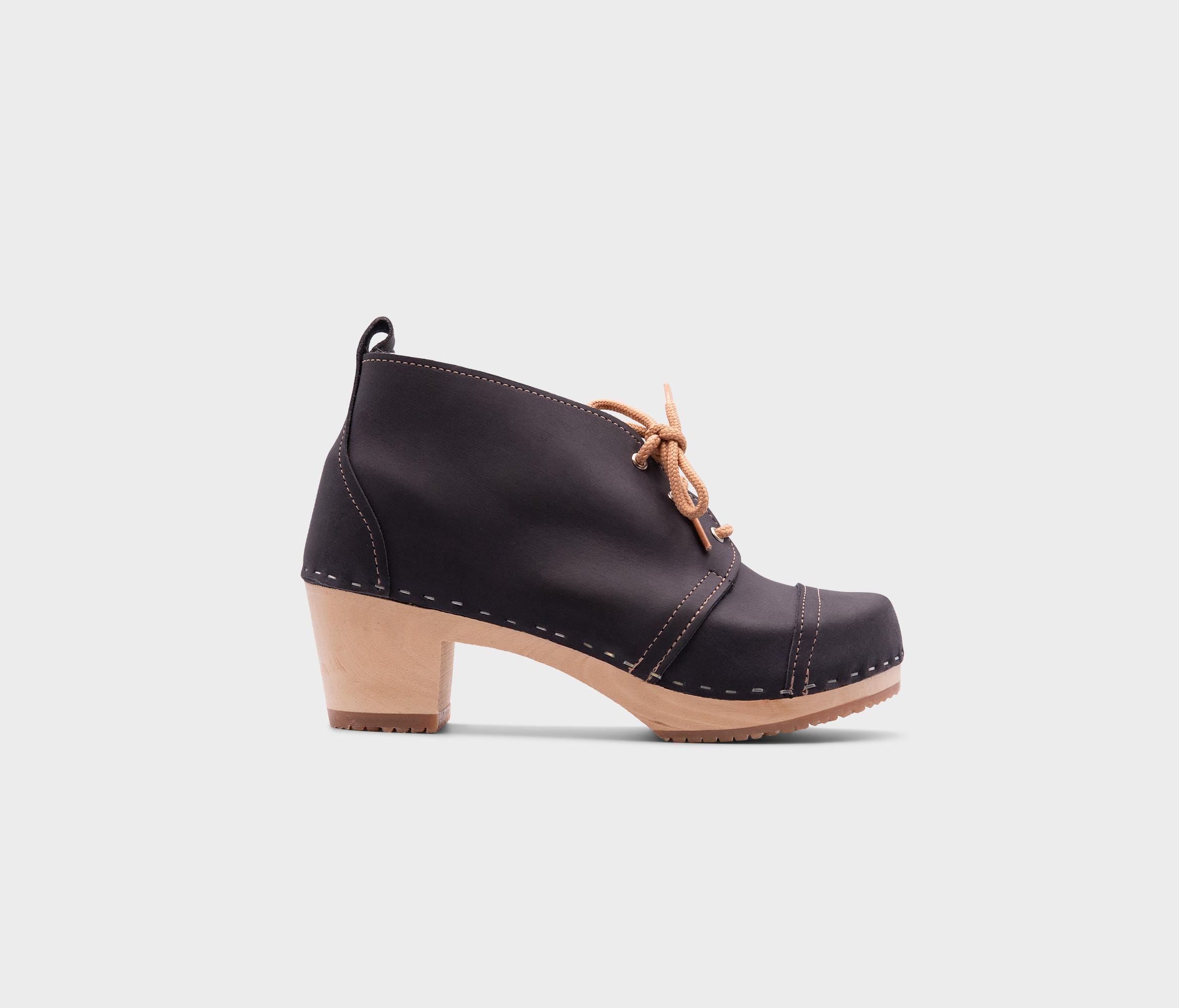 Womens Booties, Wooden Boots, Platform Shoes, Women Mule Clogs, Handmade, Sandgrens, Navy Blue  Nubuck Leather, Chukka Cap Toe