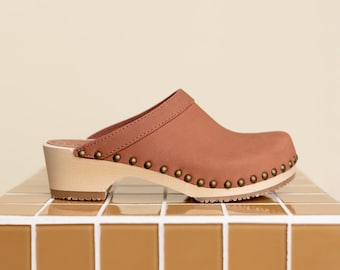 Blush Pink Clog Mules for Women / Low Heel Studded Mules / Sandgrens / Nubuck Leather / Swedish / Athens