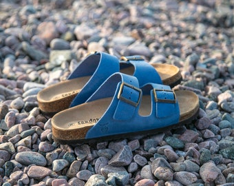 Cork Sandals, Summer Sandals, Mens Slide, Handmade, Original footbed, Sandgrens, Royal Blue Nubuck Leather, Costa