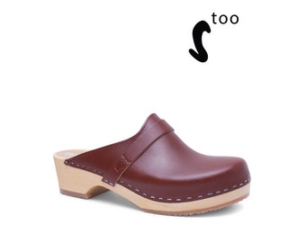 50% OFF Sandgrens Too / Swedish Wooden Clogs for Women / Sandgrens Clogs / Tokyo Mules / Women Low Heel Shoes / Leather Clogs / Cognac