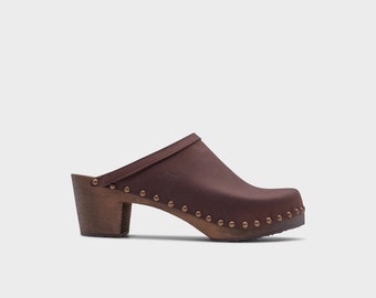 Fudge Brown Clog Mules for Women / High Heel Studded Mules / Sandgrens / Nubuck Leather / Swedish / Rome