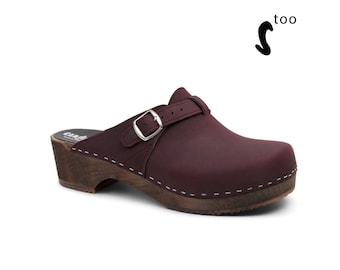 50% OFF Sandgrens Too / Swedish Wooden Clogs for Men / Sandgrens Clogs / Halmstad Mules / Mens Low Heel Shoes / Leather Clogs / Plum