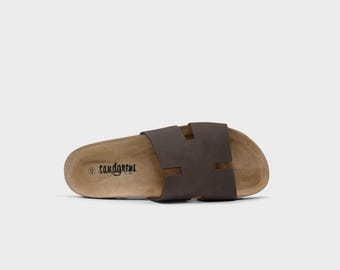 Cork Sandals, Women Slide, Summer Sandals, Handmade, Cushioned footbed, Sandgrens, Walnut Brown Nubuck Leather, Avila