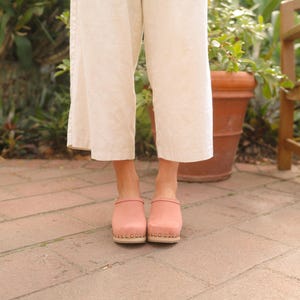 Clog Mules, Women Clogs, Wooden Clogs, High Heel Mules, Handmade, Sandgrens, Blush Pink Nubuck Leather, Rome