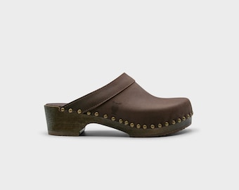 Mens Clogs, Clog Mules, Wooden Clogs, Men Leather Mules, Handmade, Sandgrens, Fudge Brown Nubuck Leather, Bergen