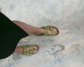 Cork Sandals, Summer Sandals, Mens Slide, Handmade, Original footbed, Sandgrens, Sage Green Nubuck Leather, Costa