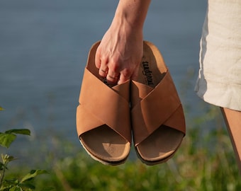 Cork Sandals, Women Slide, Summer Sandals, Handmade, Original footbed, Sandgrens, Light Terracotta Nubuck Leather, Soria