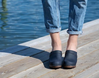 Clog Mules, Women Clogs, Wooden Clogs, High Heel Mules, Handmade, Sandgrens, Navy Blue Nubuck Leather, Dublin