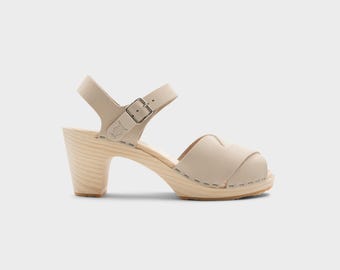 Wooden Sandals, Women Slide, High Heel Mules, Leather Clogs, Handmade, Sand White Nubuck Leather, Aurora