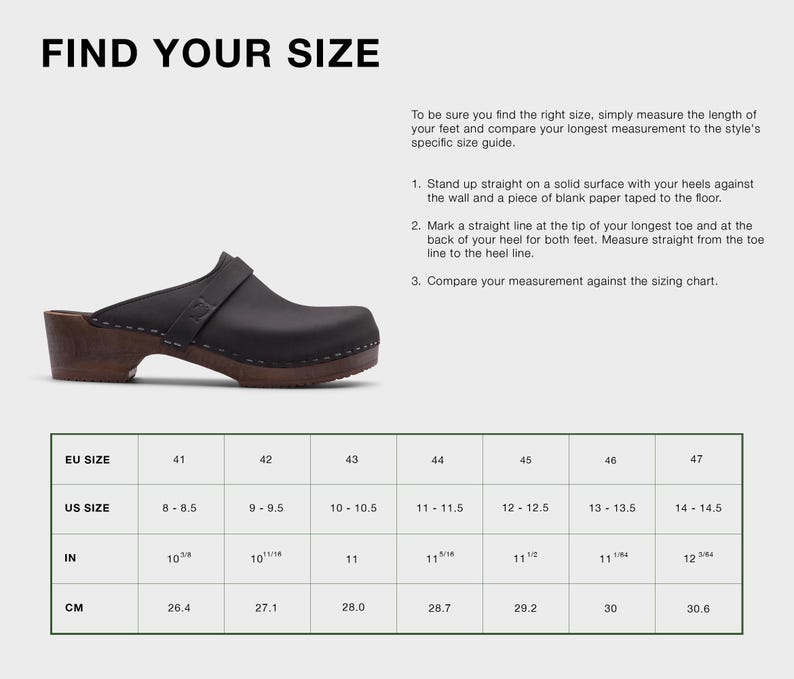 May include: A size chart for clogs, showing European, US, inch, and centimeter measurements. The chart is on a green background with white text.