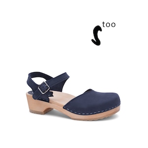 50% OFF Sandgrens Too / Swedish Wooden Clogs for Women / Sandgrens Clogs / Saragasso Sandal / Women Low Heel Shoes / Leather Clogs / Navy