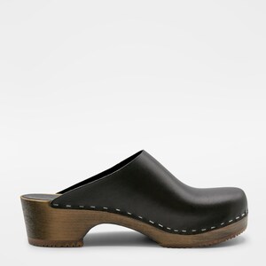 Black Vegetable Tanned Clog Mules Brown Wooden Base