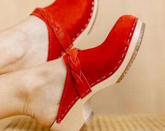 Womens Clogs, Clog Mules, Wooden Clogs, Low Heels, Handmade, Sandgrens, Red Nubuck Leather, Brussels