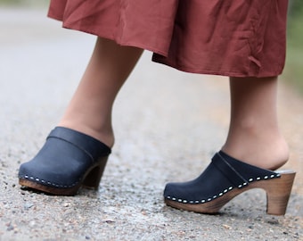Clog Mules, Women Clogs, Wooden Clogs, High Heel Mules, Handmade, Sandgrens, Navy Blue Nubuck Leather, Maya