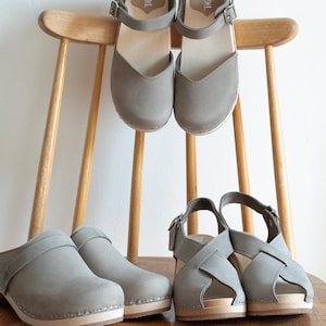 Clog Mules, Women Clogs, Wooden Clogs, Low Heel, Handmade, Sandgrens, Stone Grey Nubuck Leather, Tokyo
