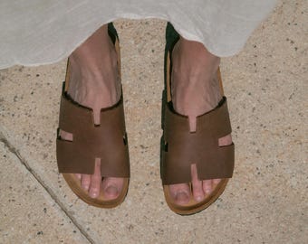 Cork Sandals, Women Slide, Summer Sandals, Handmade, Cushioned footbed, Sandgrens, Hazel Brown Nubuck Leather, Avila