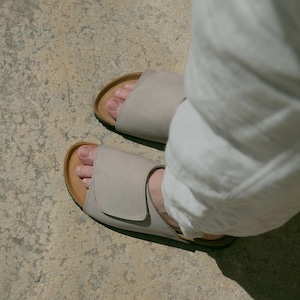 Cork Sandals, Women Slide, Summer Sandals, Handmade, Cushioned footbed, Sandgrens, Sandstone Beige Nubuck Leather, Vigo