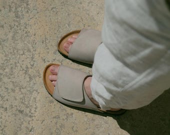 Cork Sandals, Women Slide, Summer Sandals, Handmade, Cushioned footbed, Sandgrens, Sandstone Beige Nubuck Leather, Vigo