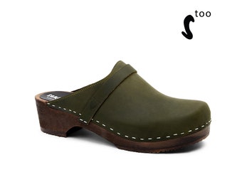 50% OFF Sandgrens Too / Swedish Wooden Clogs for Men / Sandgrens Clogs / Malmö Mules / Mens Low Heel Shoes / Nubuck Leather Clogs / Olive