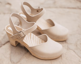 Wooden Sandals, Women Slide, High Heel Mules, Leather Clogs, Handmade, sand Nubuck Leather, Nora