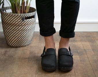 Mens Clogs, Closed Back Clogs, Clog Shoes, Mule Shoes, Handmade, Sandgrens, Black  Nubuck Leather, Gunnar