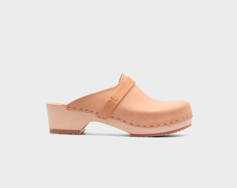 Mens Clogs, Clog Mules, Wooden Clogs, Men Leather Mules, Handmade, Sandgrens, Ecru Vegetable Tanned Leather, Malmö