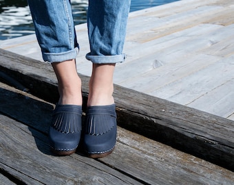 Clog Mules, Women Clogs, Wooden Clogs, High Heel Mules, Handmade, Sandgrens, Navy Blue Nubuck Leather, Venice