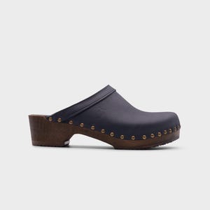 Clog Mules, Women Clogs, Wooden Clogs, Low Heel, Handmade, Sandgrens, Navy Dark Nubuck Leather, Athens