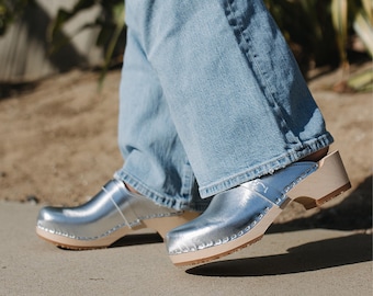 Clog Mules, Women Clogs, Wooden Clogs, Low Heel, Handmade, Sandgrens, Metallic Silver Nubuck Leather, Tokyo