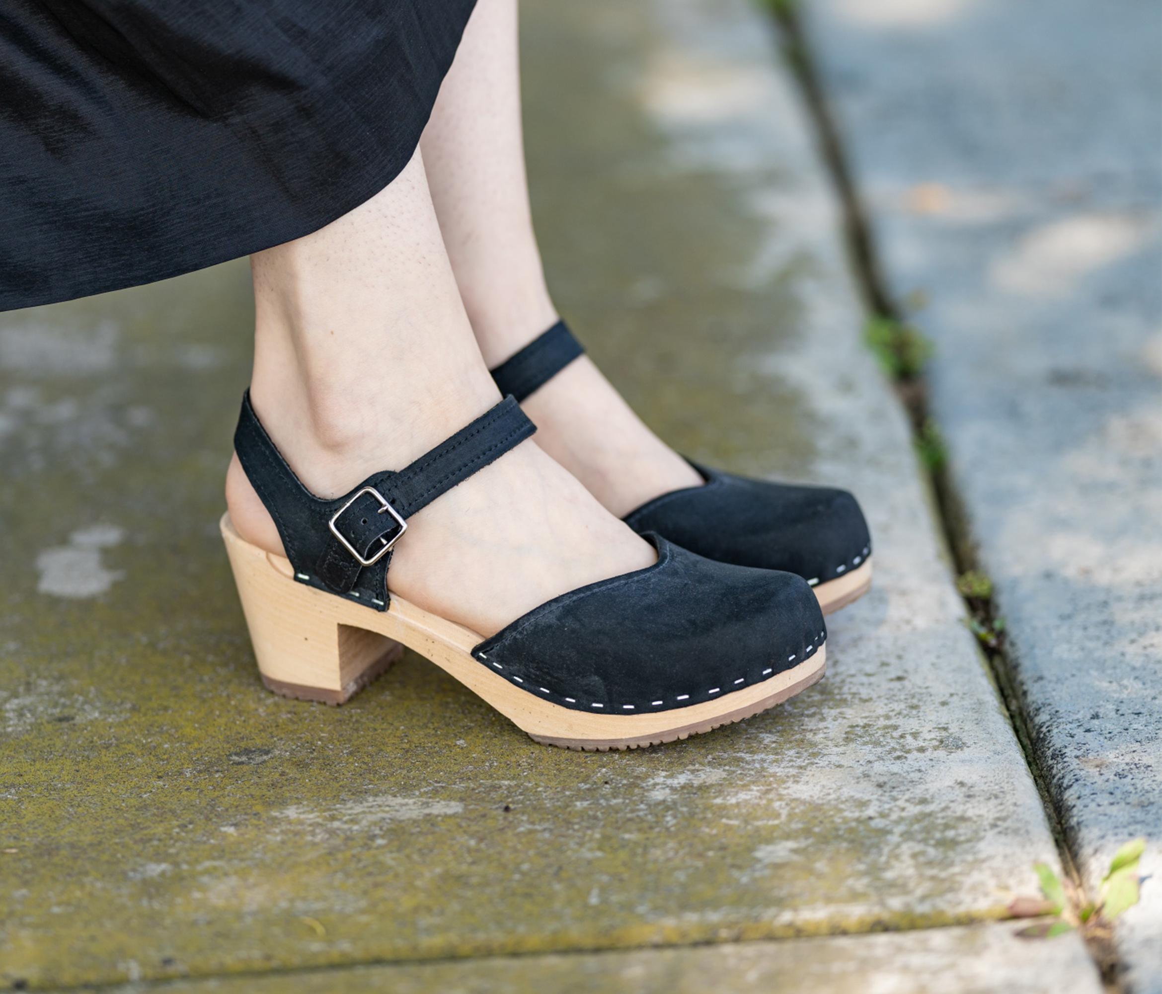 Wooden Sandals Women Slide Closed Toe Heel Leather Clogs Handmade 