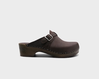Mens Clogs, Clog Mules, Wooden Clogs, Men Leather Mules, Handmade, Sandgrens, Fudge Brown  Nubuck Leather, Halmstad