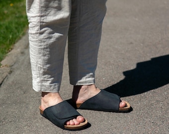 Cork Sandals, Summer Sandals, Mens Slide, Handmade, Cushioned footbed, Sandgrens, Black Ember Nubuck Leather, Vigo