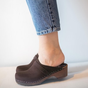 Clog Mules, Women Clogs, Wooden Clogs, Low Heel, Handmade, Sandgrens, Fudge Brown Nubuck Leather, Tokyo