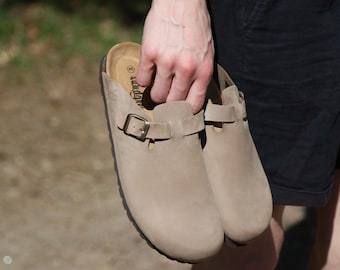 Cork Sandals, Summer Sandals, Mens Slide, Handmade, Cushioned footbed, Sandgrens, Sandstone Beige Nubuck Leather, Toledo