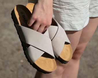 Cork Sandals, Summer Sandals, Mens Slide, Handmade, Cushioned footbed, Sandgrens, Sandstone Beige Nubuck Leather, Soria