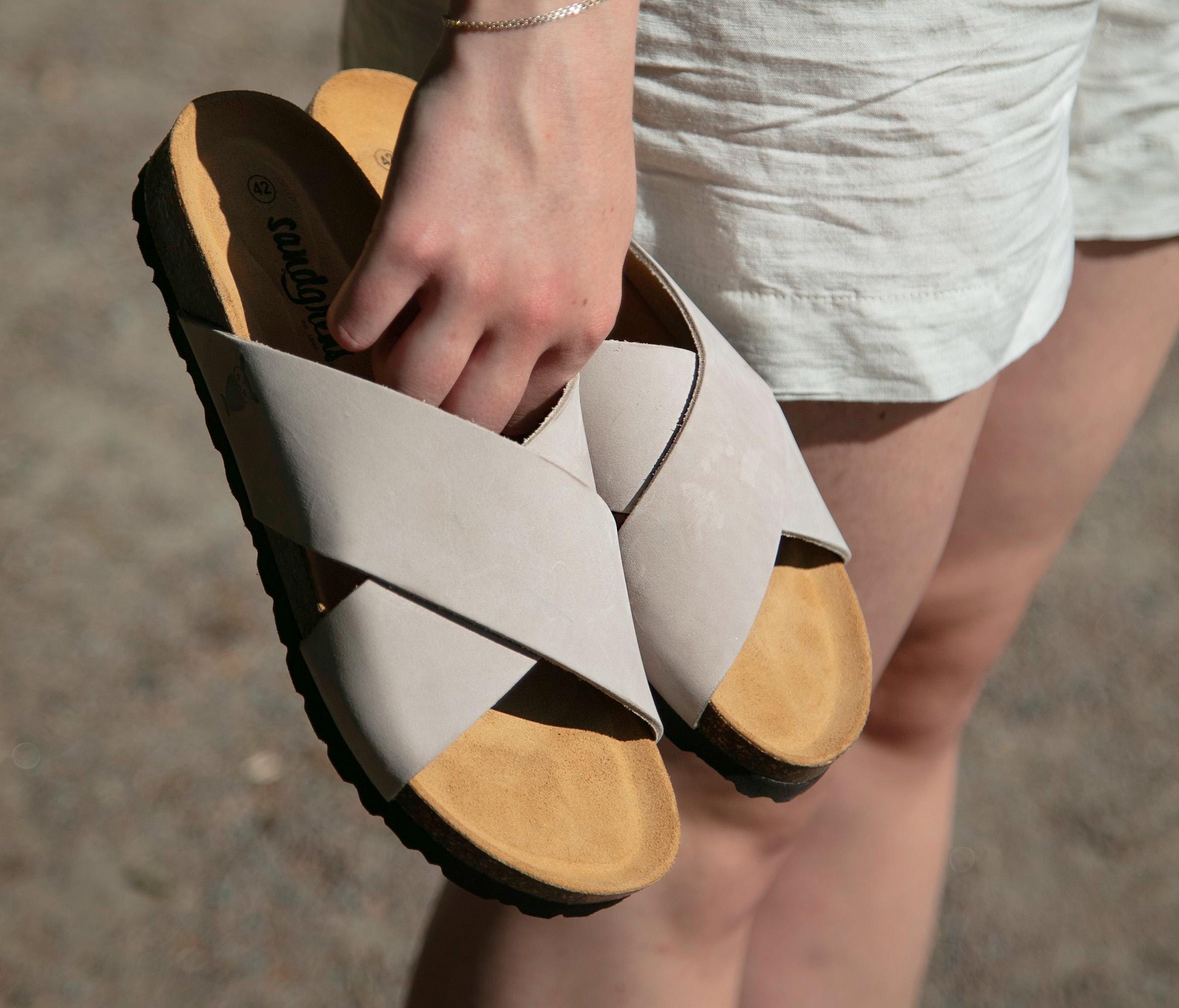 Cork Sandals, Summer Sandals, Mens Slide, Handmade, Cushioned footbed, Sandgrens, Sandstone Beige Nubuck Leather, Soria