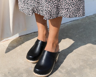 Clog Mules, Women Clogs, Wooden Clogs, High Heel Mules, Handmade, Sandgrens, Black Vegetable Tanned Leather, Dublin