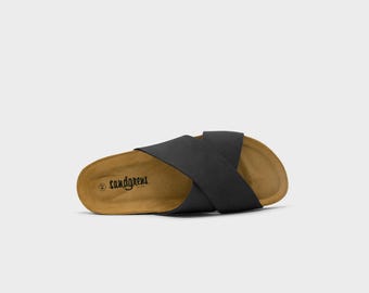 Cork Sandals, Summer Sandals, Mens Slide, Handmade, Cushioned footbed, Sandgrens, Black Ember Nubuck Leather, Soria