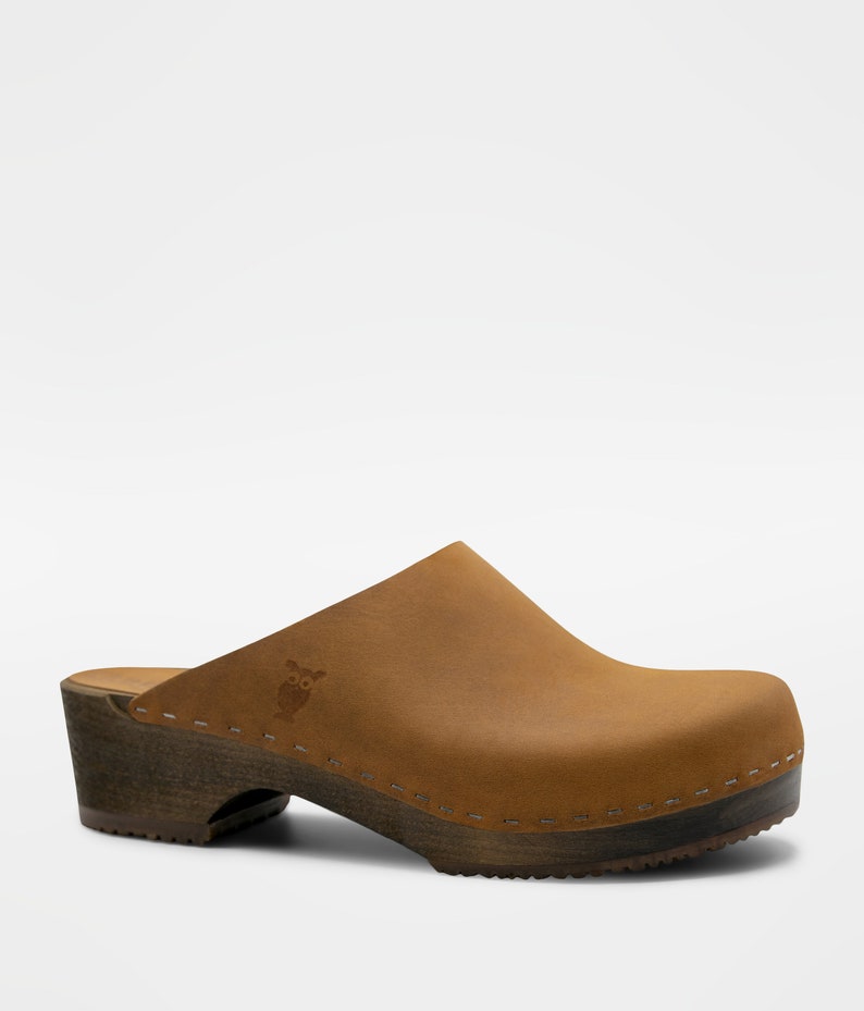 Dexter Tan Light Brown Nubuck Tanned Clog Mules Brown Wooden Base