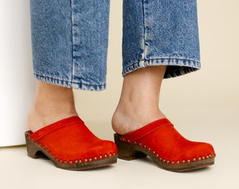 Red Clog Mules for Women / Low Heel Studded Mules / Sandgrens / Nubuck Leather / Swedish / Athens Mules