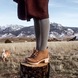 Womens Booties, Wooden Boots, Platform Shoes, Women Mule Clogs, Handmade, Sandgrens, Dextertan Brown  Nubuck Leather, Chukka Cap Toe