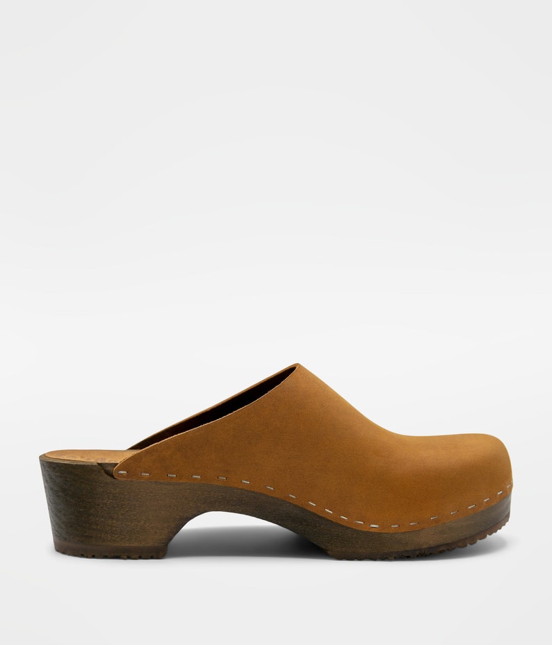 Dexter Tan Light Brown Nubuck Tanned Clog Mules Brown Wooden Base